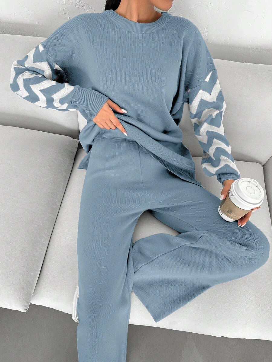 Dames effen kleur pareldetail ronde hals drop shoulder pullover & sweater broek set