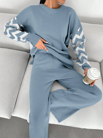Dames effen kleur pareldetail ronde hals drop shoulder pullover & sweater broek set