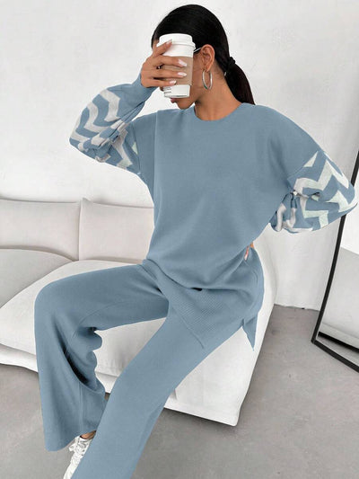 Dames effen kleur pareldetail ronde hals drop shoulder pullover & sweater broek set