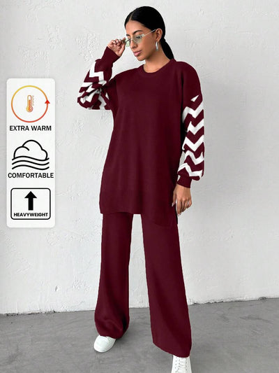 Dames effen kleur pareldetail ronde hals drop shoulder pullover & sweater broek set