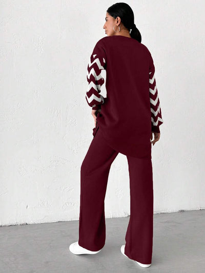 Dames effen kleur pareldetail ronde hals drop shoulder pullover & sweater broek set