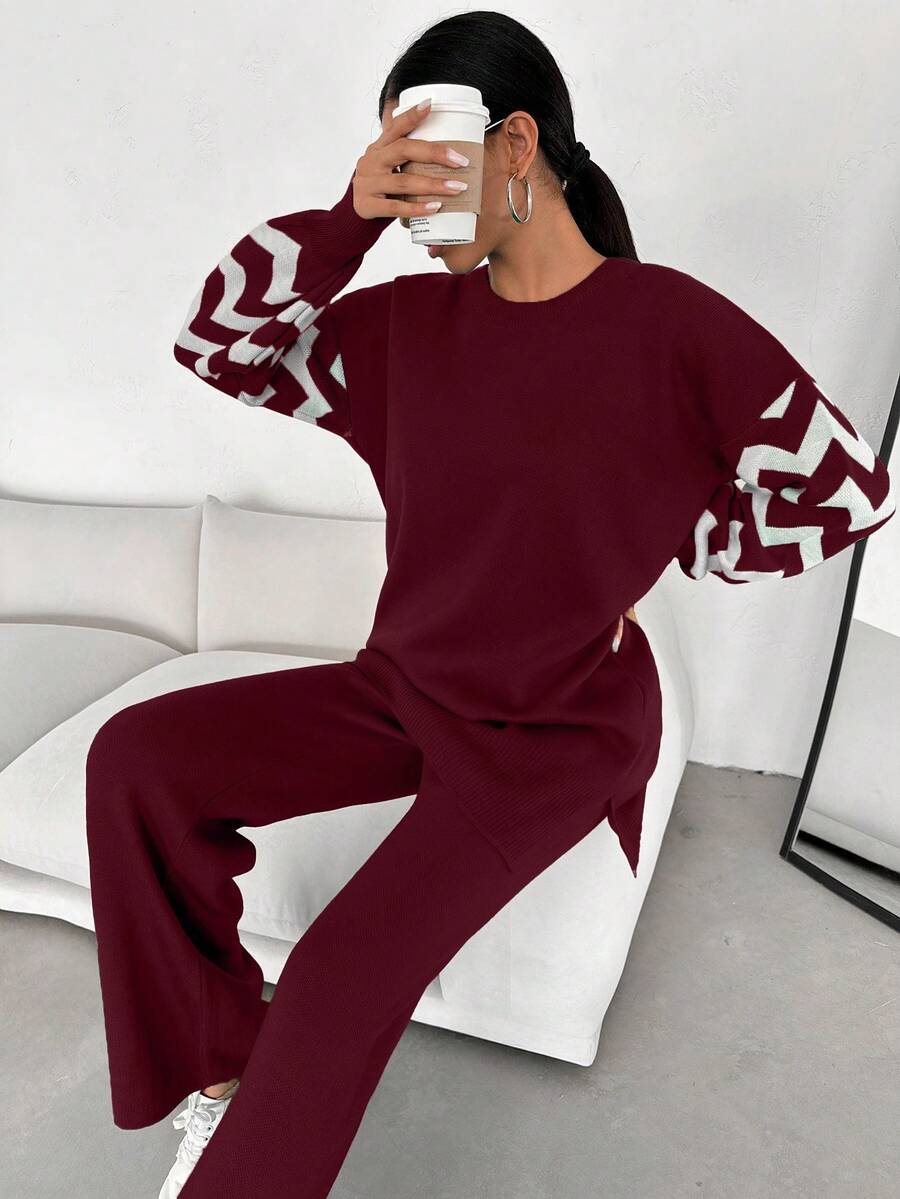 Dames effen kleur pareldetail ronde hals drop shoulder pullover & sweater broek set