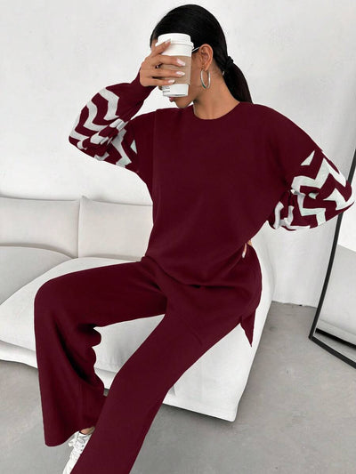 Dames effen kleur pareldetail ronde hals drop shoulder pullover & sweater broek set