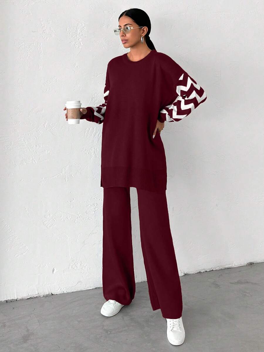 Dames effen kleur pareldetail ronde hals drop shoulder pullover & sweater broek set