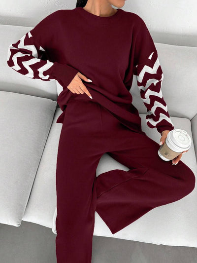 Dames effen kleur pareldetail ronde hals drop shoulder pullover & sweater broek set