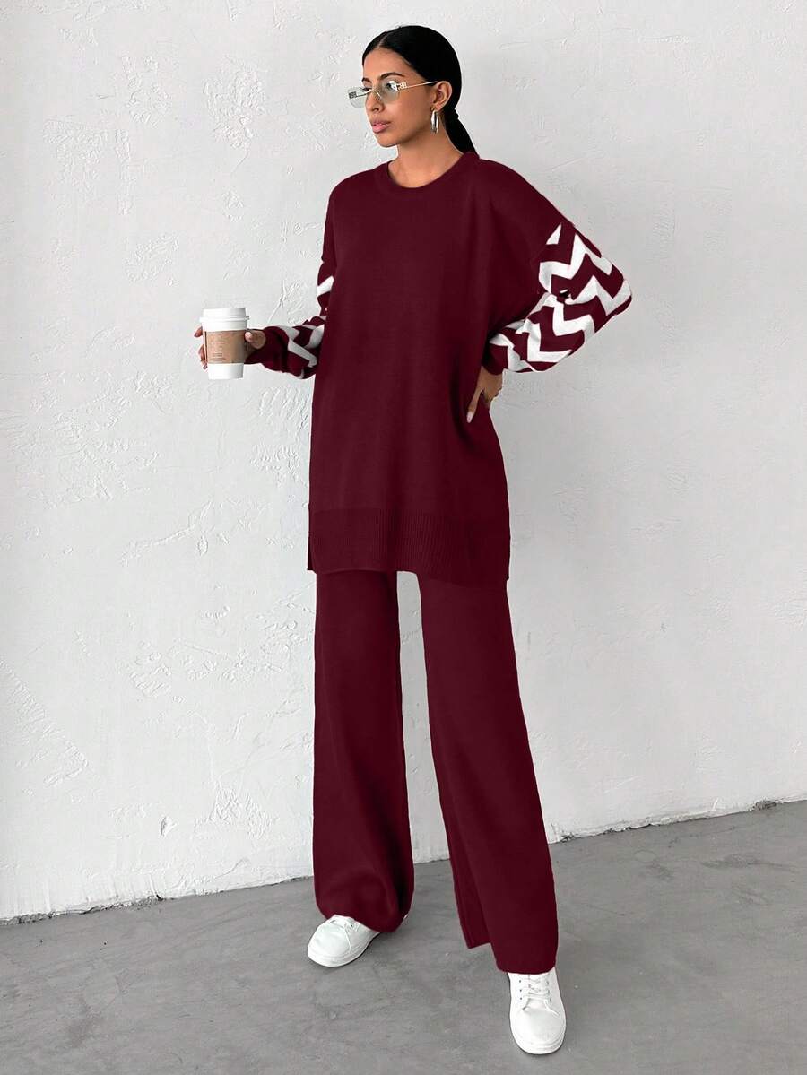 Dames effen kleur pareldetail ronde hals drop shoulder pullover & sweater broek set
