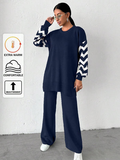 Dames effen kleur pareldetail ronde hals drop shoulder pullover & sweater broek set