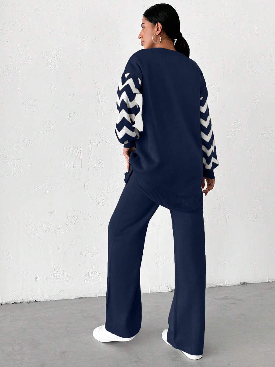 Dames effen kleur pareldetail ronde hals drop shoulder pullover & sweater broek set