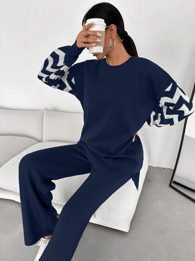 Dames effen kleur pareldetail ronde hals drop shoulder pullover & sweater broek set