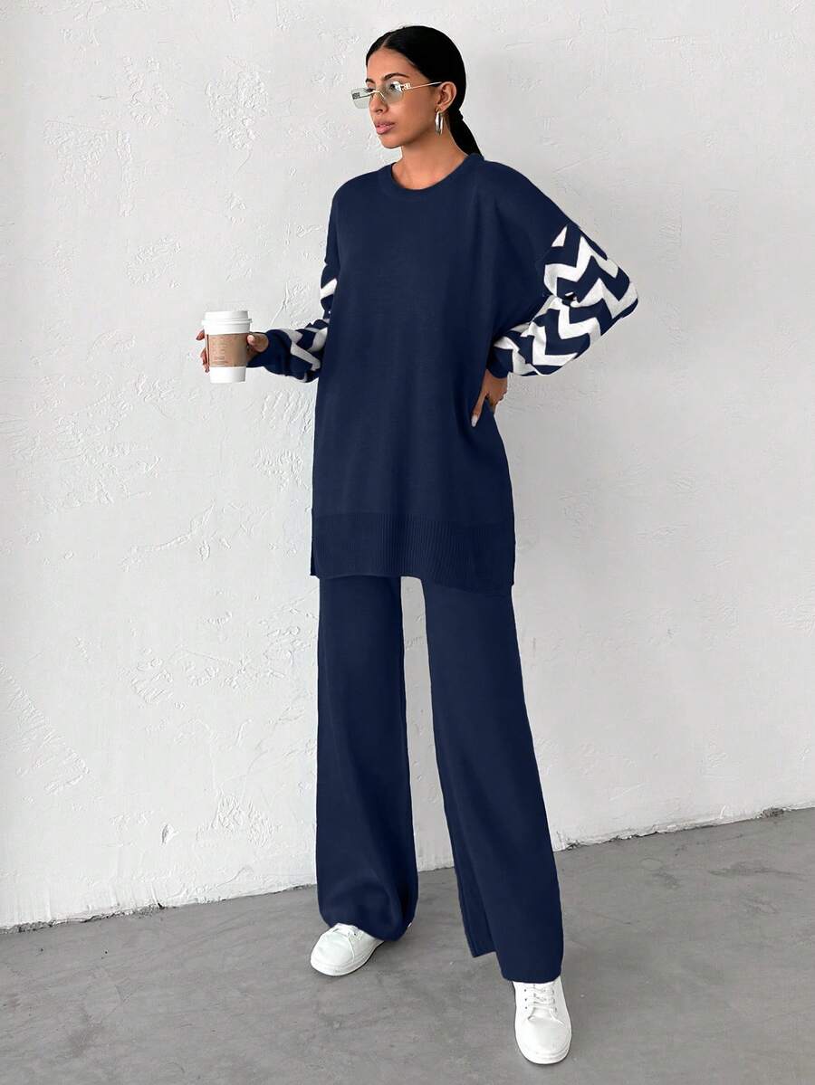 Dames effen kleur pareldetail ronde hals drop shoulder pullover & sweater broek set