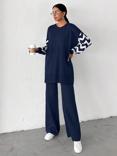 Dames effen kleur pareldetail ronde hals drop shoulder pullover & sweater broek set