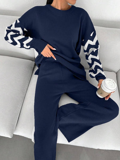 Dames effen kleur pareldetail ronde hals drop shoulder pullover & sweater broek set