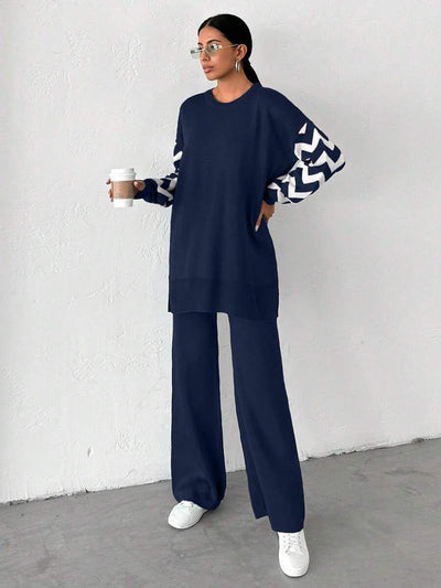 Dames effen kleur pareldetail ronde hals drop shoulder pullover & sweater broek set