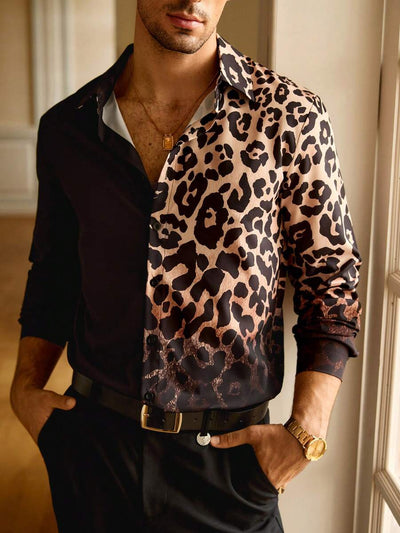 HIMLAND Heren luipaardprint overhemd met knoopsluiting, lange mouwen en casual look, voor de herfst