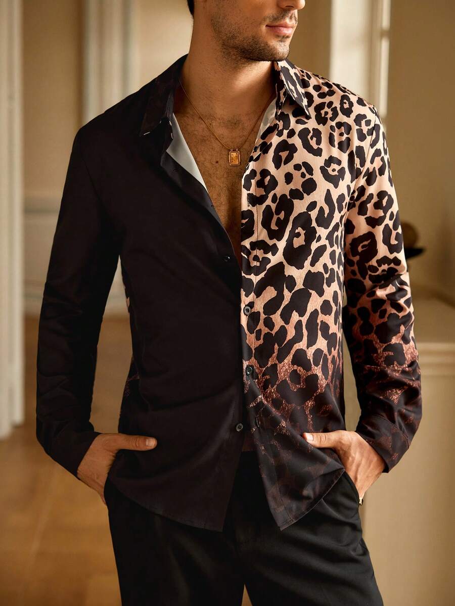 HIMLAND Heren luipaardprint overhemd met knoopsluiting, lange mouwen en casual look, voor de herfst