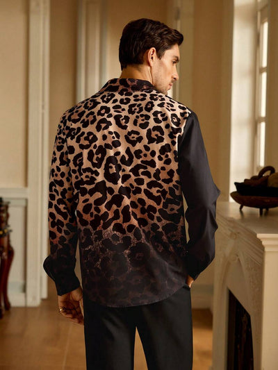 HIMLAND Heren luipaardprint overhemd met knoopsluiting, lange mouwen en casual look, voor de herfst