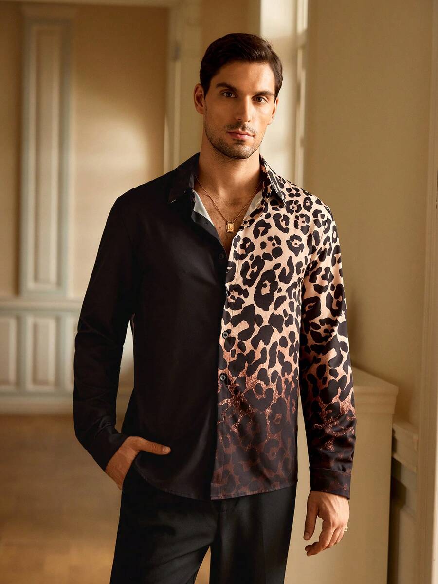 HIMLAND Heren luipaardprint overhemd met knoopsluiting, lange mouwen en casual look, voor de herfst