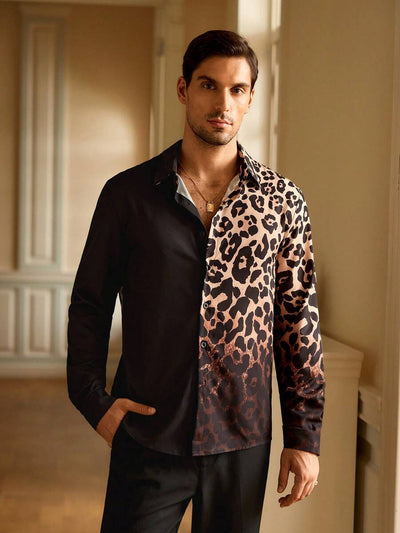 HIMLAND Heren luipaardprint overhemd met knoopsluiting, lange mouwen en casual look, voor de herfst