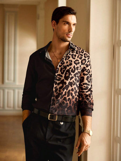 HIMLAND Heren luipaardprint overhemd met knoopsluiting, lange mouwen en casual look, voor de herfst