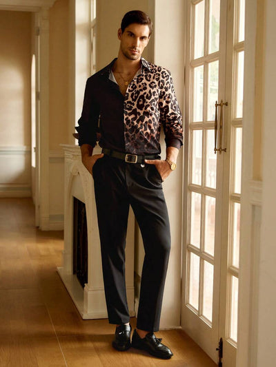 HIMLAND Heren luipaardprint overhemd met knoopsluiting, lange mouwen en casual look, voor de herfst