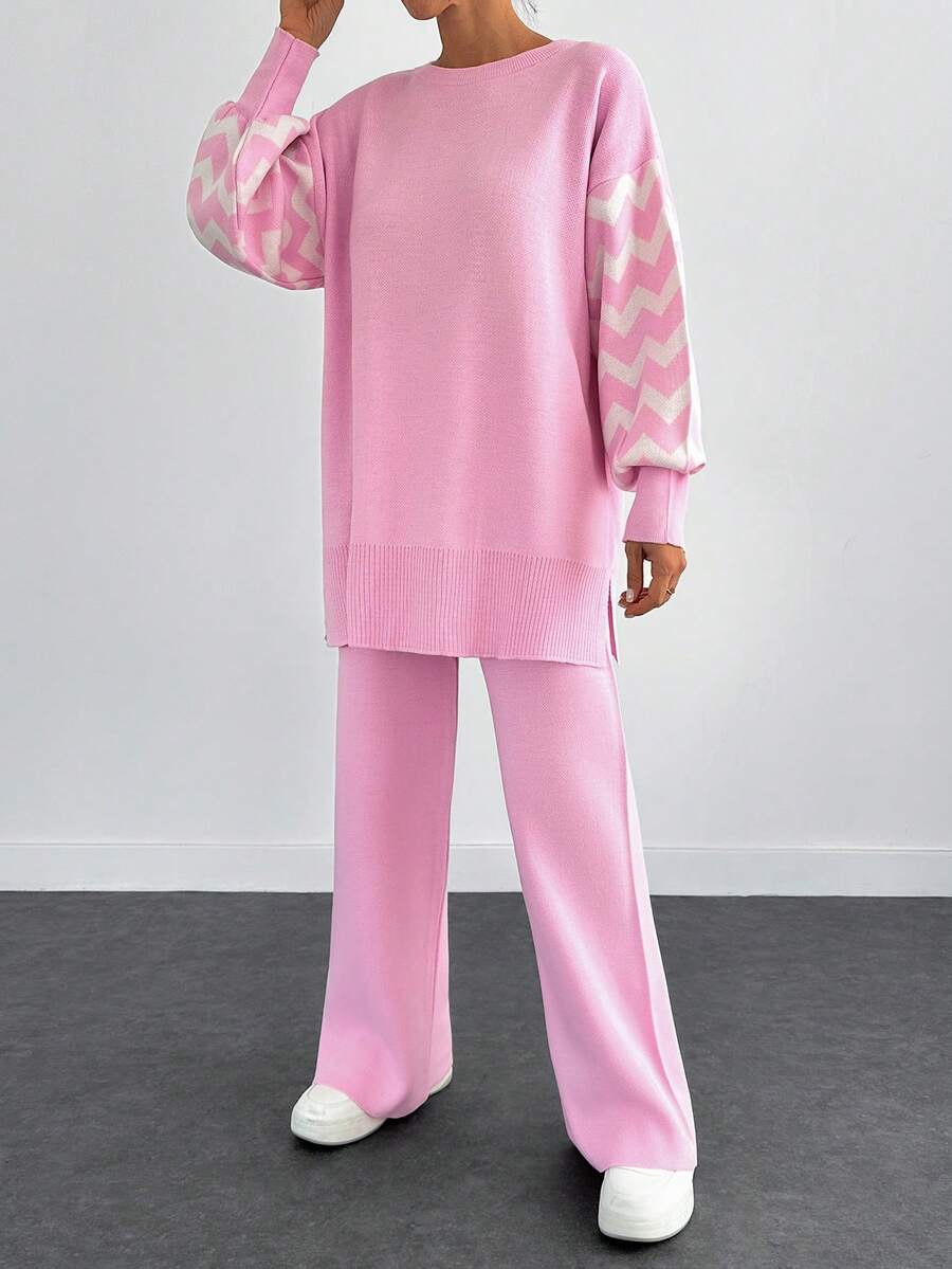 Dames effen kleur pareldetail ronde hals drop shoulder pullover & sweater broek set