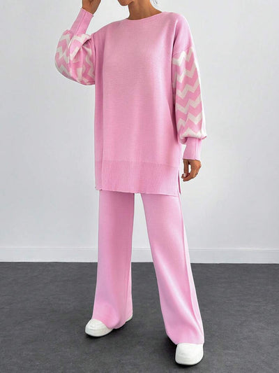 Dames effen kleur pareldetail ronde hals drop shoulder pullover & sweater broek set