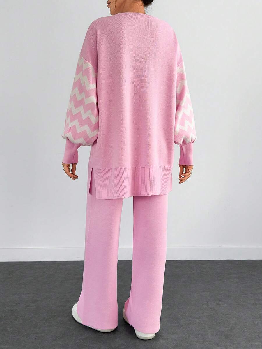 Dames effen kleur pareldetail ronde hals drop shoulder pullover & sweater broek set