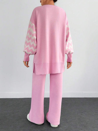 Dames effen kleur pareldetail ronde hals drop shoulder pullover & sweater broek set