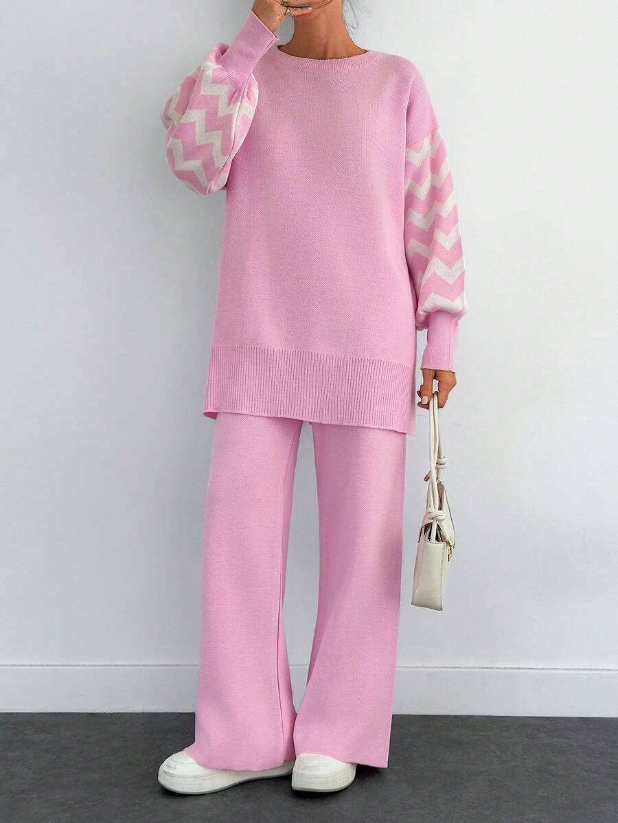 Dames effen kleur pareldetail ronde hals drop shoulder pullover & sweater broek set