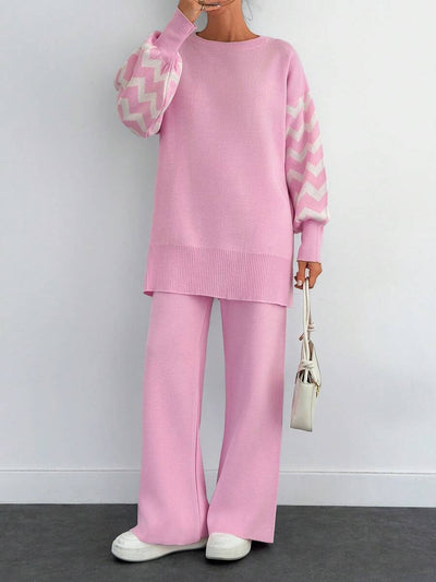 Dames effen kleur pareldetail ronde hals drop shoulder pullover & sweater broek set