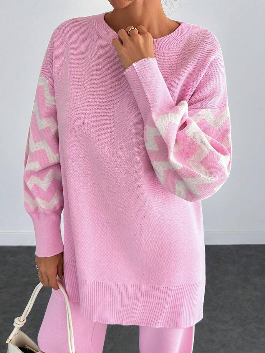 Dames effen kleur pareldetail ronde hals drop shoulder pullover & sweater broek set