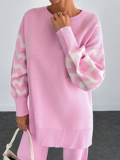 Dames effen kleur pareldetail ronde hals drop shoulder pullover & sweater broek set
