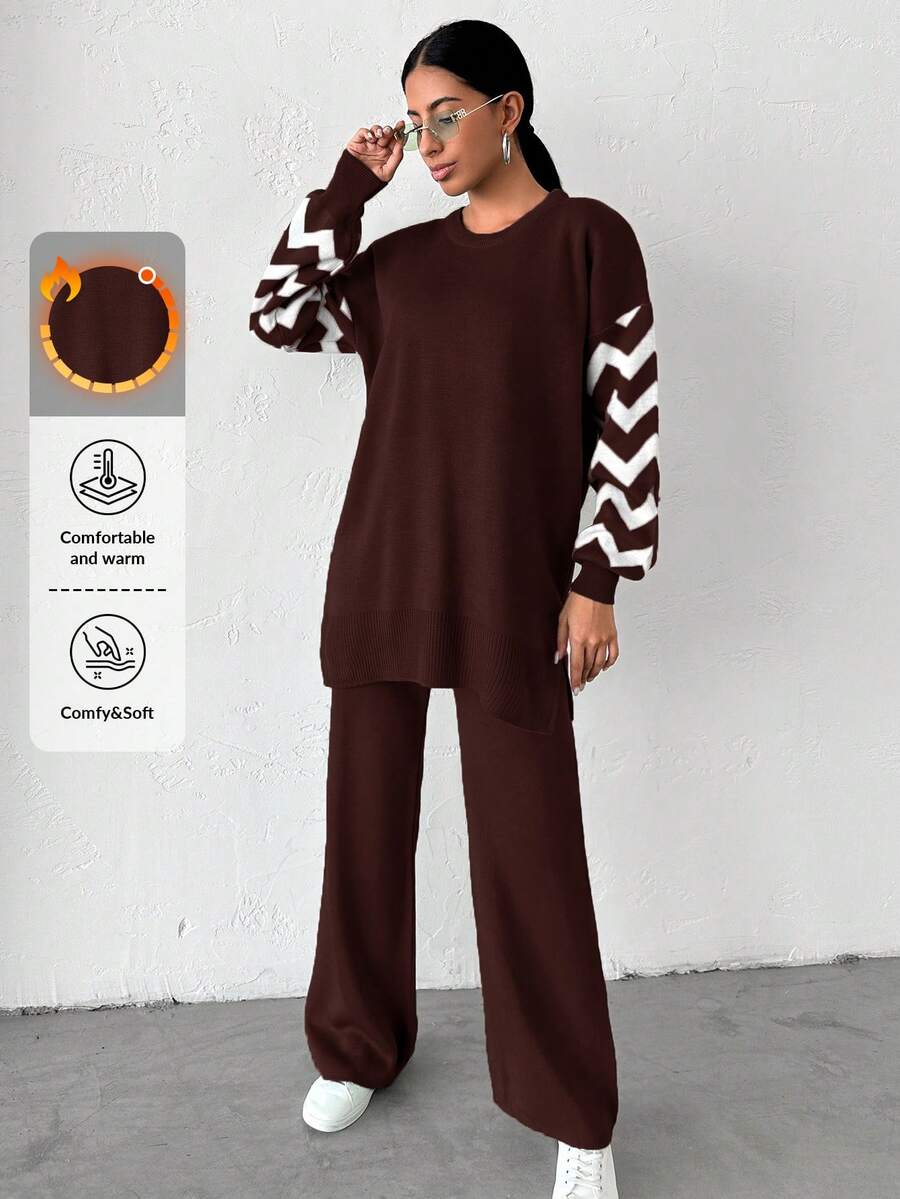 Dames effen kleur pareldetail ronde hals drop shoulder pullover & sweater broek set