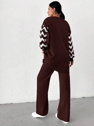 Dames effen kleur pareldetail ronde hals drop shoulder pullover & sweater broek set