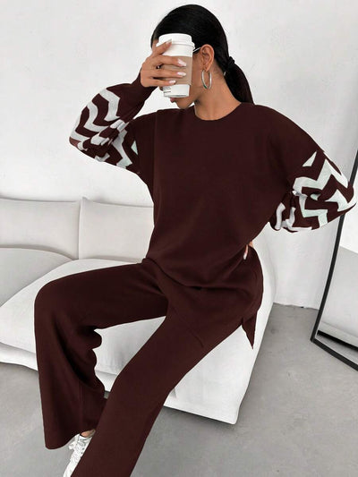 Dames effen kleur pareldetail ronde hals drop shoulder pullover & sweater broek set