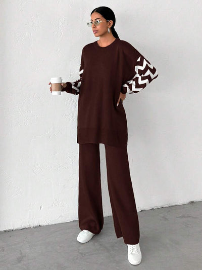 Dames effen kleur pareldetail ronde hals drop shoulder pullover & sweater broek set