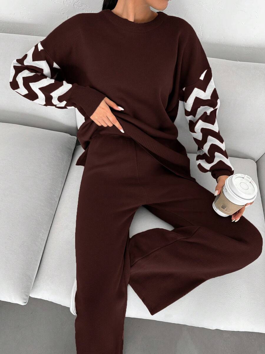 Dames effen kleur pareldetail ronde hals drop shoulder pullover & sweater broek set