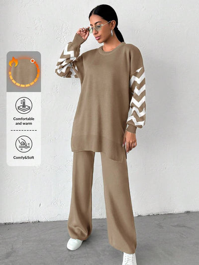 Dames effen kleur pareldetail ronde hals drop shoulder pullover & sweater broek set