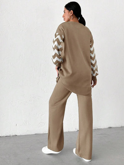 Dames effen kleur pareldetail ronde hals drop shoulder pullover & sweater broek set