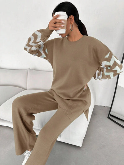 Dames effen kleur pareldetail ronde hals drop shoulder pullover & sweater broek set
