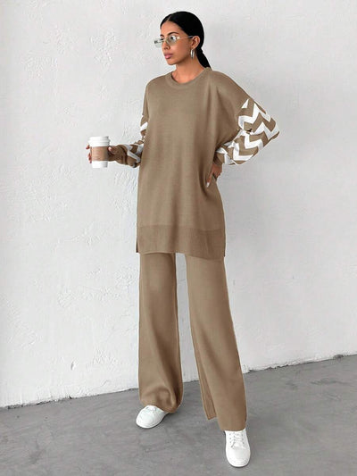 Dames effen kleur pareldetail ronde hals drop shoulder pullover & sweater broek set