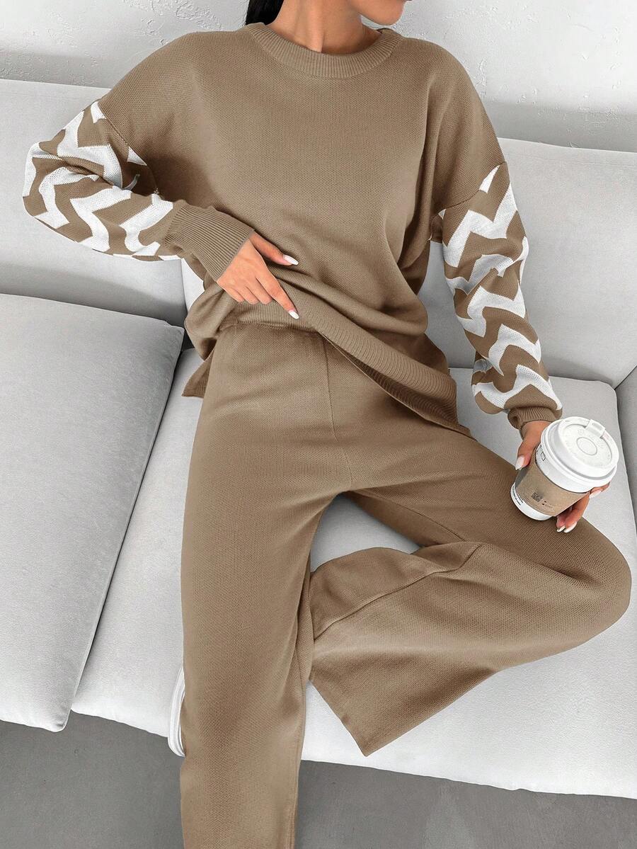 Dames effen kleur pareldetail ronde hals drop shoulder pullover & sweater broek set