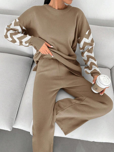 Dames effen kleur pareldetail ronde hals drop shoulder pullover & sweater broek set