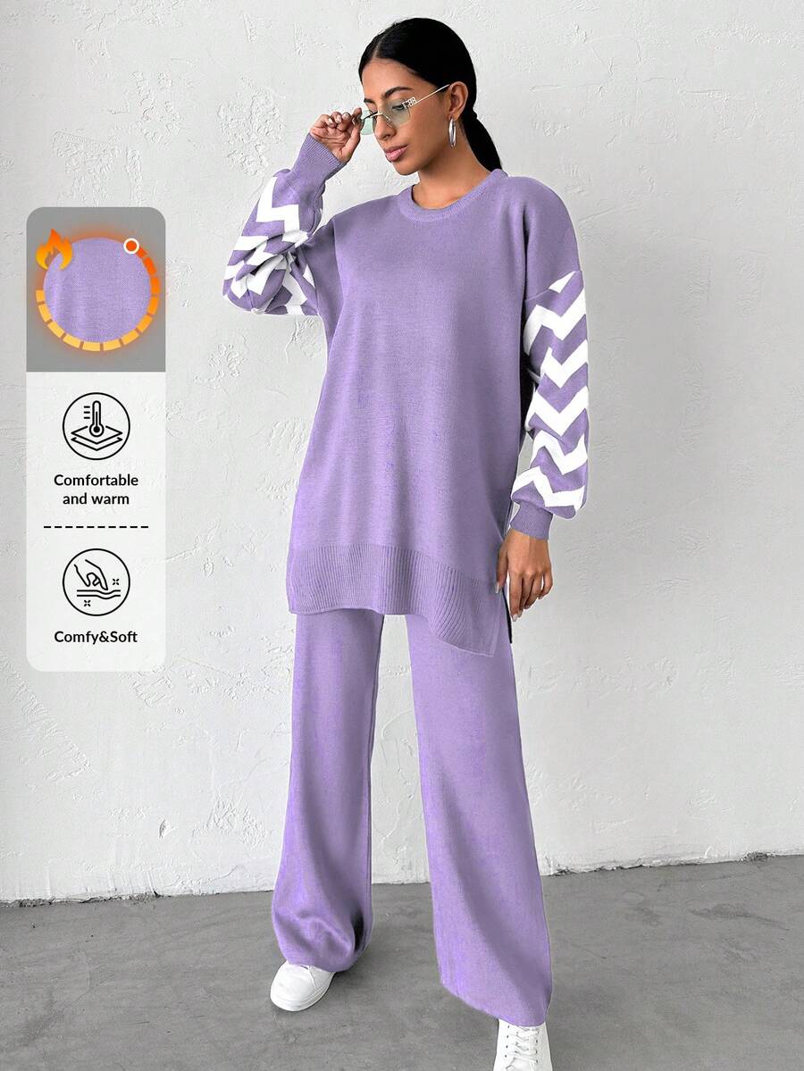 Dames effen kleur pareldetail ronde hals drop shoulder pullover & sweater broek set