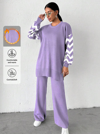 Dames effen kleur pareldetail ronde hals drop shoulder pullover & sweater broek set