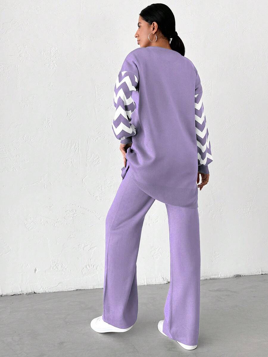 Dames effen kleur pareldetail ronde hals drop shoulder pullover & sweater broek set