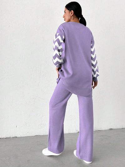Dames effen kleur pareldetail ronde hals drop shoulder pullover & sweater broek set