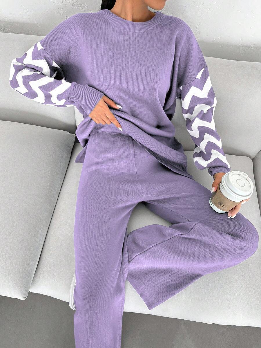 Dames effen kleur pareldetail ronde hals drop shoulder pullover & sweater broek set
