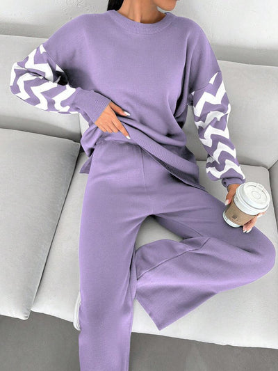 Dames effen kleur pareldetail ronde hals drop shoulder pullover & sweater broek set