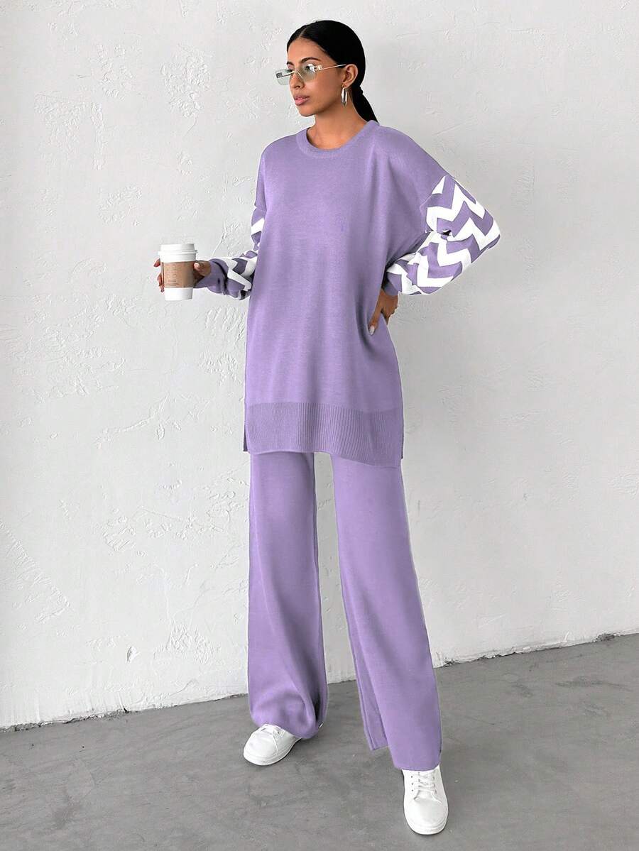 Dames effen kleur pareldetail ronde hals drop shoulder pullover & sweater broek set